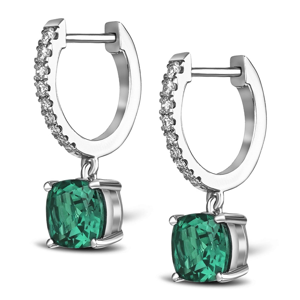 Astra 3.40ct Lab Emerald and Diamond Drop Cushion Cut Earrings in Silver